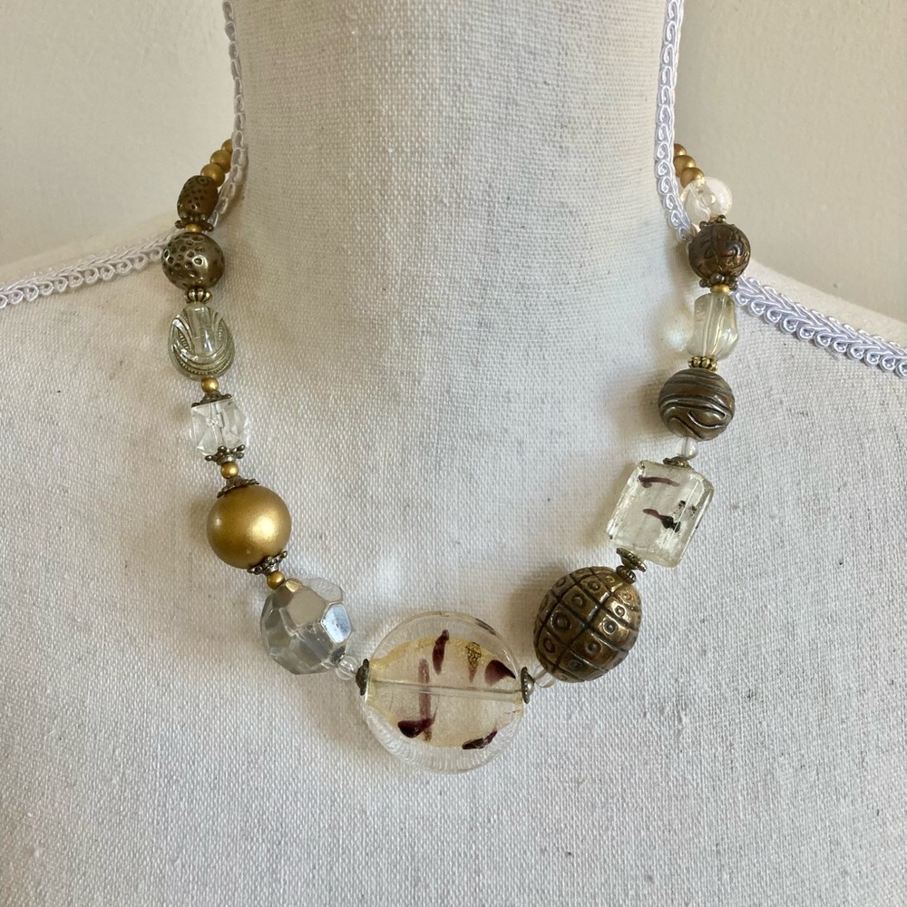 Gold, Silver & Bronze Metal Tone Plastic & Glass Lampwork Beads Necklace